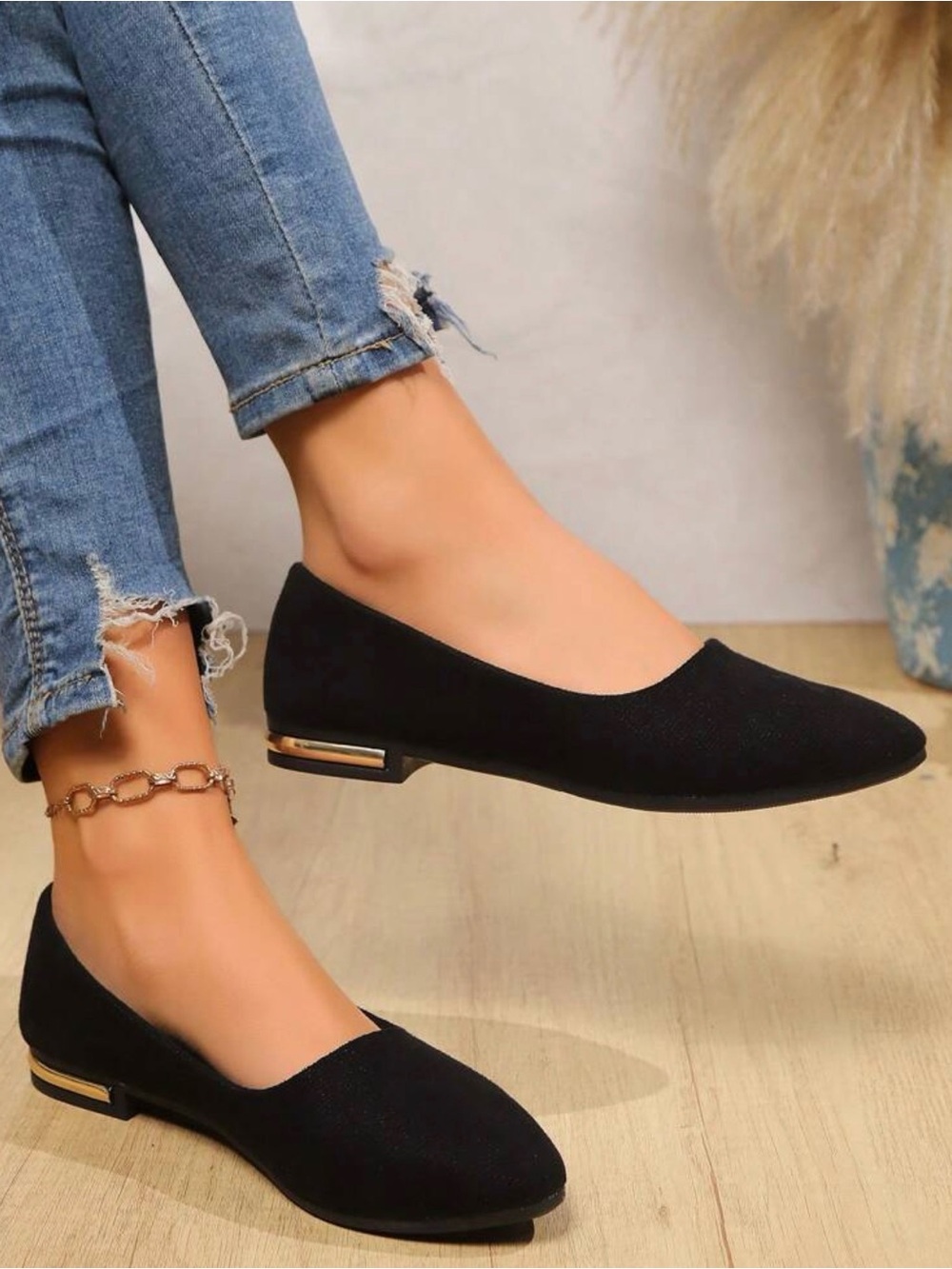 Black Pointed Toe Low Heel Flats with Gold Accent